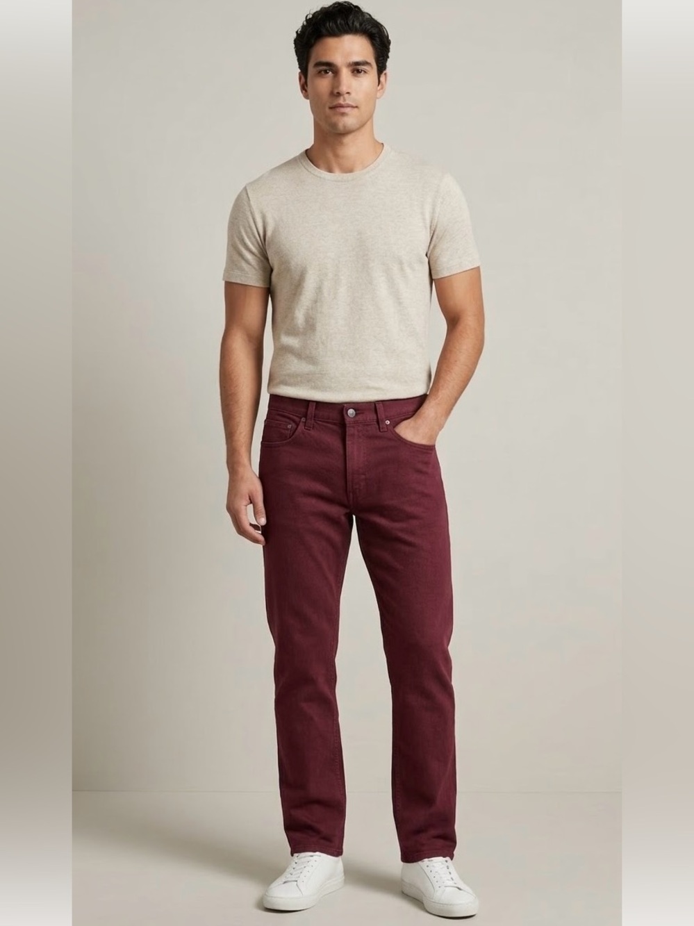 Slim Straight Jeans in Burgundy Red